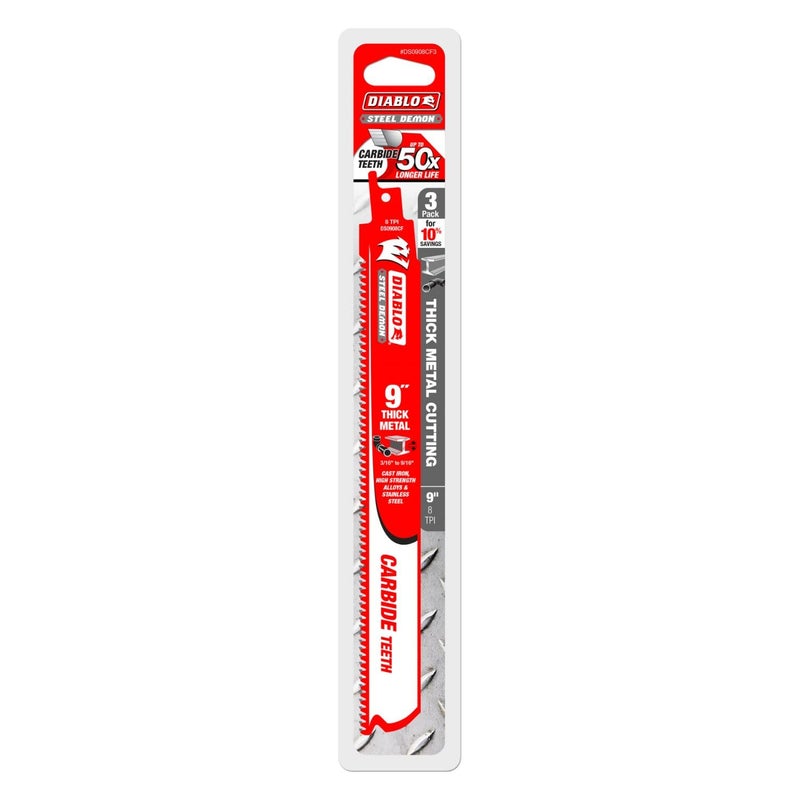 Diablo DS0908CF3 9" 8TPI Steel Demonâ„¢ Carbide Teeth Reciprocating Saw Blades for Thick Metal (3-Pack) - Image 2